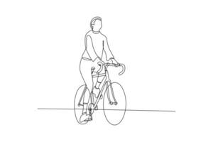 continuo uno línea dibujo personas montando bicicletas en ciudad calle concepto. garabatear vector ilustración.