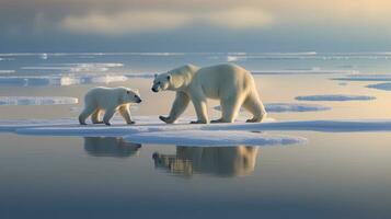 Polar bear sow and cub walk on ice floe in arctic ocean. generative ai photo