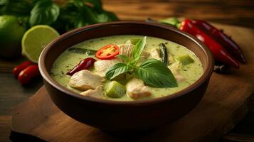 Thai food, Green curry chicken with coconut curry on the wooden floor background. Generative Ai photo