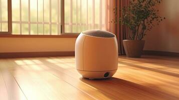 Air purifier on wooden floor in comfortable home. Fresh air and healthy life. Air Pollution Concept. Generative ai photo