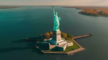 aéreo ver de famoso sitio hermosa punto de referencia el estatua de libertad en nuevo York Estados Unidos . generativo ai foto