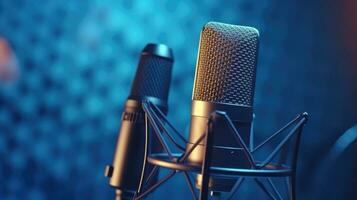 un profesional micrófono con forma de onda en azul antecedentes. podcast o grabación estudio antecedentes. micrófono. generativo ai foto