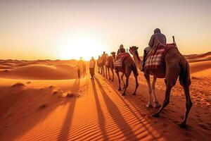 Arabs with Camels Tour in the Sahara Desert with Guided Berber Dubai Tour in Morning. Sunrise. Generative Ai. photo