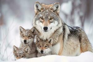 Mother wolf and wolf cubs in winter snow. Generative AI. photo