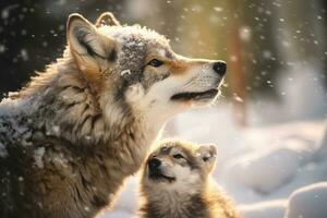 Mother wolf and wolf cubs in winter snow. Generative AI. photo