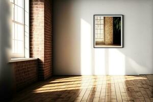 Room is empty, with parquet floors and a brick wall. Interior mockup, with an illustration. Generative AI photo