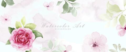 Pink rose and leaves watercolor abstract art background vector