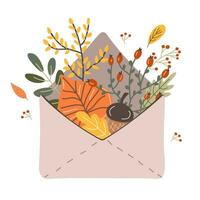 Autumn envelope with twigs and leaves isolated on a white background. Hand drawing. Vector illustration