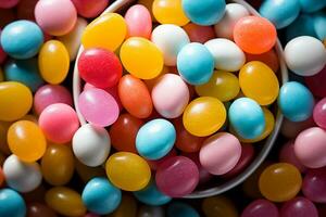 Photo-realistic of colorful candies in aerial view for background made by AI generated photo