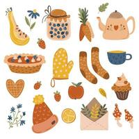 Cozy autumn. Hand drawing. A set of pie elements, a teapot, socks, a mitten, a hat, a cup, a carrot. Vector illustration