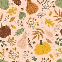 Pumpkins and leaves. Autumn print. Hand drawing. Simple pattern. Vector illustration