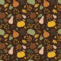 Pumpkins and leaves. Autumn print on a dark background. Hand drawing. Simple pattern. Vector illustration