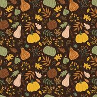 Pumpkins and leaves. Autumn print on a dark background. Hand drawing. Simple pattern. Vector illustration