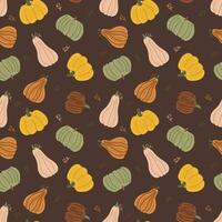 Pumpkins. Autumn print on a dark background. Hand drawing. Simple pattern. Vector illustration