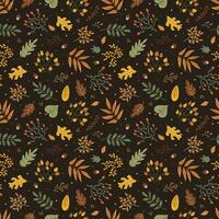 leaves and branches. Autumn print on a dark background. Hand drawing. Simple pattern. Vector illustration