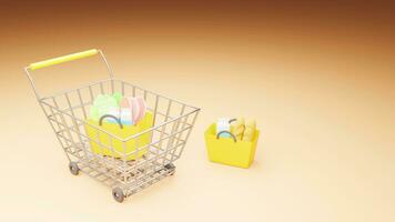 3D rendering of meat, milk, bread and vegetable in shopping cart photo
