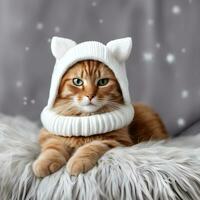 hermosa rojo gato en un blanco sombrero con orejeras foto