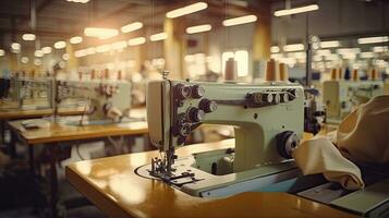 Interior of garment factory shop. Sewing factory. Tailoring industry. photo