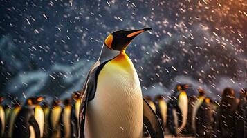 A king penguin gazes skyward as snow falls gently. In the background, other members of the penguin colony also enjoy the rare South Georgia summer snow. Generative Ai photo