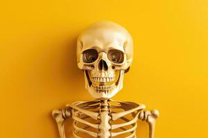 An upper part of death human skeleton model on yellow background in classroom. Health care concept design. Generative AI photo