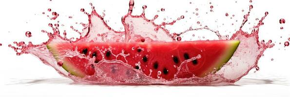 Watermelon and juice splash isolated on white background. Generative Ai photo