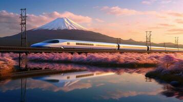 Shinkansen or Bullet train run pass through Mountain Fuji and Shibazakura at spring. Shinkansen in japan. Generetive Ai photo