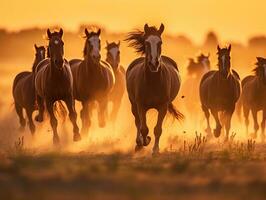 Herd of horses running in dusty meadow at sunset. Generative Ai. photo