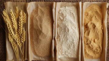 Different flour of wheat cereal in bakery bags. Generative Ai photo