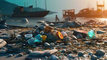 A lot of Spilled garbage on beach of big city. Environment concept. environmental protection concept. Generetive AI photo