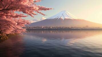 Mount Fuji with cherry blossom at Lake kawaguchiko in japan. Mountain Fuji. Generetive Ai photo