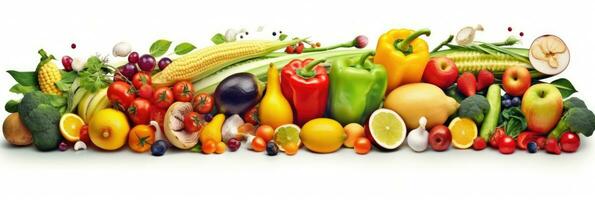 Assortment of fresh vegetables. Food background with assortment of fresh organic vegetables. Fresh vegetables. wide banner. Generative AI photo