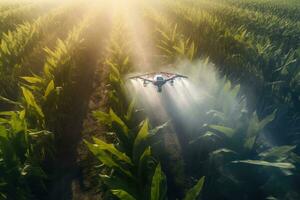 agrícola zumbido volador agua rociar fertilizante en maíz dulce campos. aéreo ver de zumbido. generativo ai foto