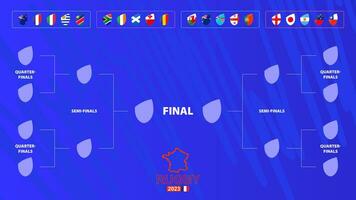 Rugby tournament bracket with flags of groups participants. Rugby competition 2023 schedule on abstract background. vector