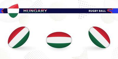 Rugby ball set with the flag of Hungary in various angles on abstract background. vector