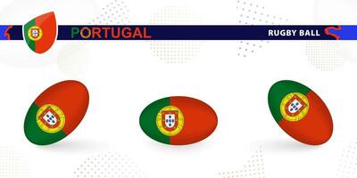 Rugby ball set with the flag of Portugal in various angles on abstract background. vector