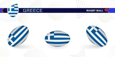 Rugby ball set with the flag of Greece in various angles on abstract background. vector