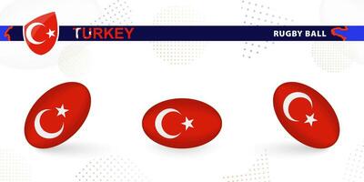 Rugby ball set with the flag of Turkey in various angles on abstract background. vector