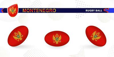 Rugby ball set with the flag of Montenegro in various angles on abstract background. vector