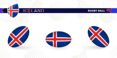 Rugby ball set with the flag of Iceland in various angles on abstract background. vector