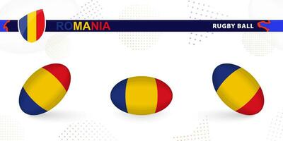 Rugby ball set with the flag of Romania in various angles on abstract background. vector