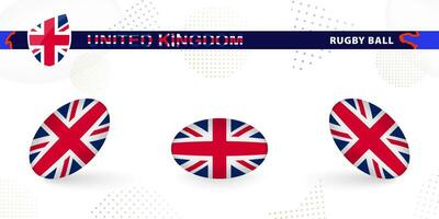 Rugby ball set with the flag of United Kingdom in various angles on abstract background. vector