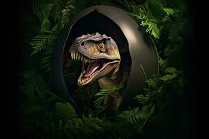 huevo de tiranosaurio rex dinosaurio en el selva. tiranosaurio rex generativo ai foto