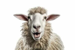 A Sheep, Funny sheep. Portrait of sheep showing tongue isolated on white background.Generative AI photo