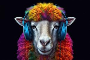 A sheep,Colorful of Sheep with headphones. Generative AI photo