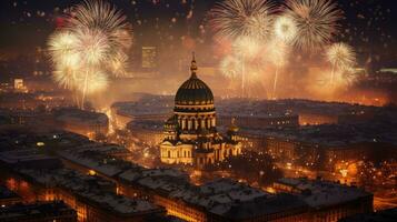 contento nuevo año en el capital allí son fuegos artificiales en el cielo a noche. generar ai foto