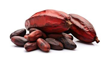 Fresh dark red Cocoa pods and beans isolated on white background. Generative Ai photo