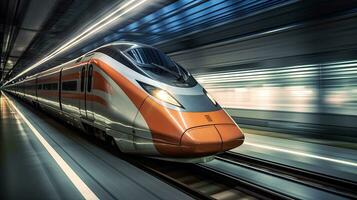 Super streamlined train with motion blur. Generative Ai photo