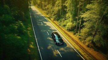 Aerial view of Modern Electric car and EV electrical energy for environment, EV car on forest road, Ecosystem ecology healthy environment. Generative Ai photo