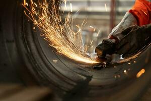 Close-up of Electric wheel grinding at Industrial worker cutting metal pipe with many sharp sparks photo