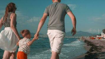 contento familia caminando en el playa, en un verano día video
